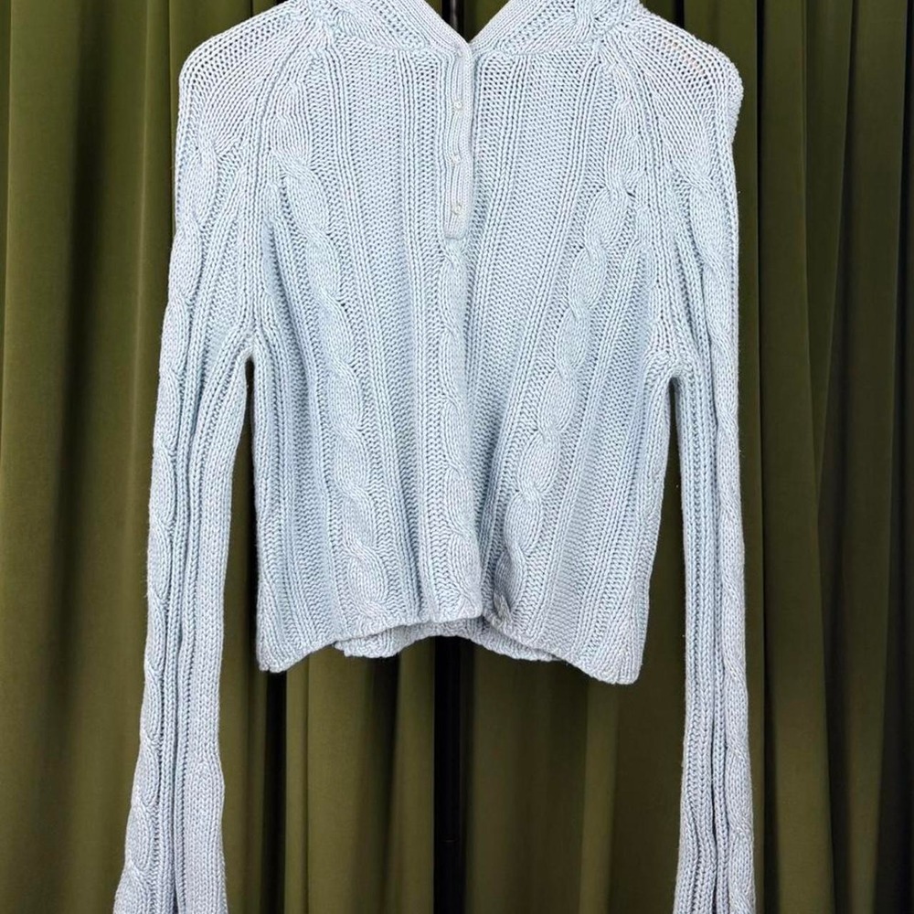 Moda International Light Blue Cable Knit Hooded Cropped Sweater Button Henley L